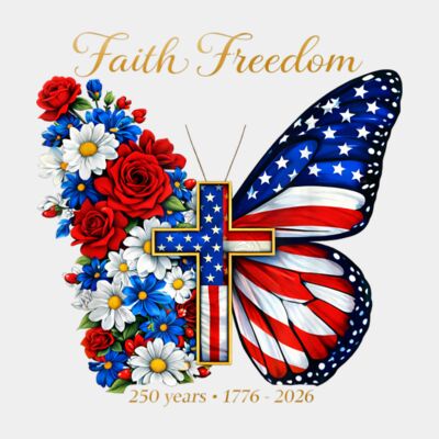 250 Years America Faith Cross US Butterfly Christian Freedom T Shirt Thumbnail